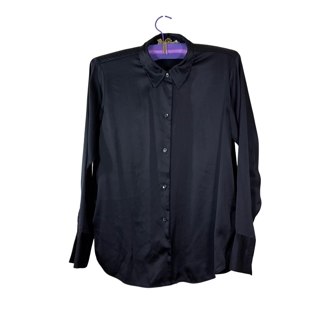 Abercrombie & Fitch Blouse M black satin button front Long cuffs vamp glam emo